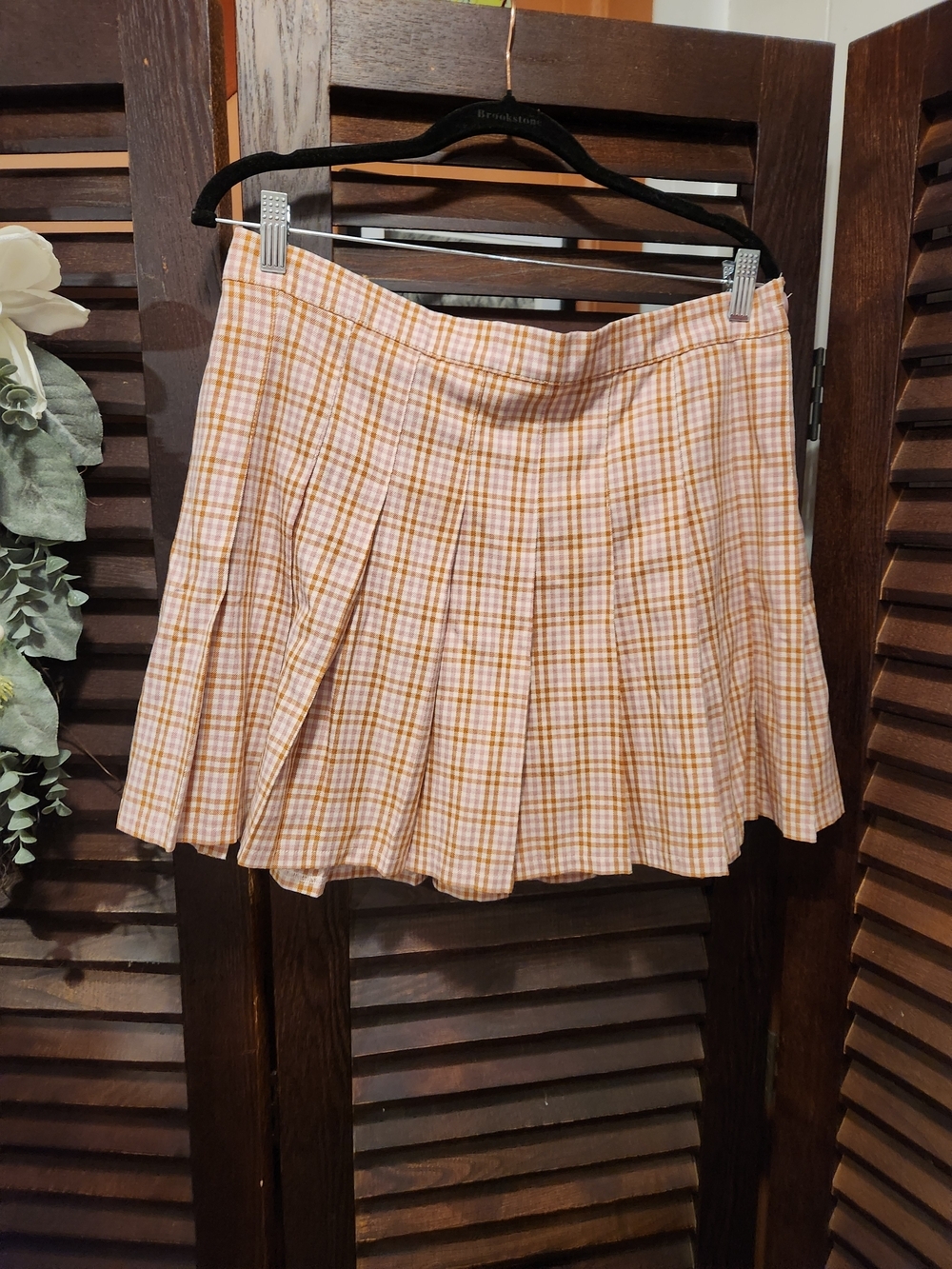 aerie Pleated Plaid Mini Skirt - Peach & White